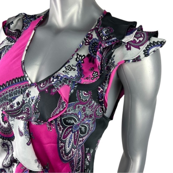 Dress Barn | Ruffle Detail Pink & Black Sleeveless Blouse Silky Paisley Print XL - Picture 9 of 13